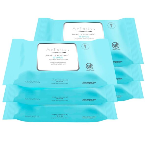 Aesthetica Makeup Removing Wipes - Face & Eye Makeup Remover Wipes - 6 Pack Bulk (180 Wipes Total) Hypoallergenic & Dermatologist Tested - Oil & Fragrance Free - Made in USA