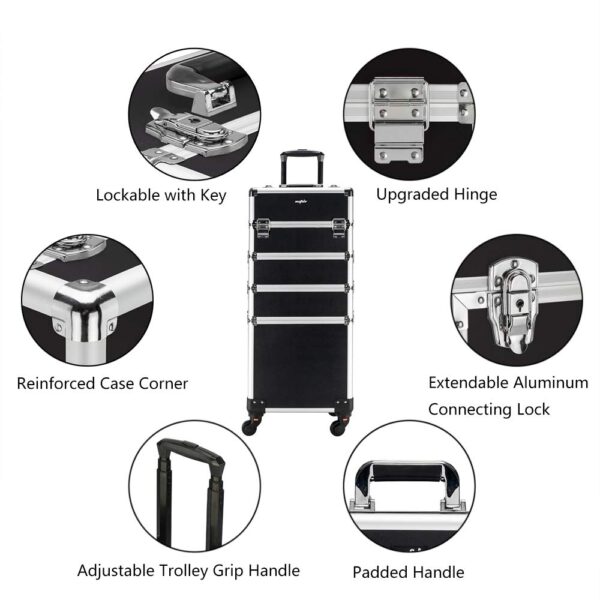 OmySalon 4 in 1 Aluminum Rolling Makeup Train Case, Travel Organizer Cosmetic Case, Cosmetology Display Suitcase Beauty Storage Luggage Lockable w/4 Removable Wheels (Black)