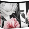 Black White Striped Flowers Makeup Bag for Women Portable Travel Toiletry Pouch, PU Leather Cosmetic Bag with Zipper