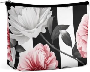 Black White Striped Flowers Makeup Bag for Women Portable Travel Toiletry Pouch, PU Leather Cosmetic Bag with Zipper