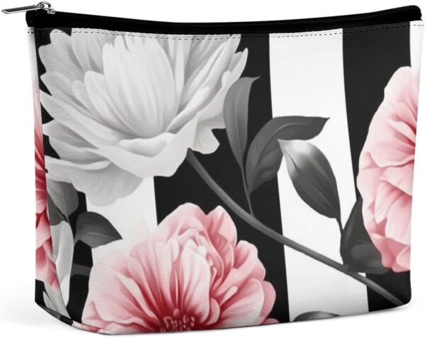 Black White Striped Flowers Makeup Bag for Women Portable Travel Toiletry Pouch, PU Leather Cosmetic Bag with Zipper