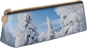 Snow-covered winter trees Makeup Bag Leather Pencil Case for Work Office Zippered Pen Pouch Aesthetic Pencil Storage Bag Portable Coin Pouch Purse for Travel