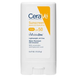 61OtMvzTDL._SL1500_.jpg CeraVe Mineral Sunscreen Stick SPF 50, Broad Spectrum SPF + Hyaluronic Acid + Ceramides, Titanium Dioxide & Zinc Oxide, 100% Mineral Face Sunscreen Stick, Fragrance Free & Oil Free