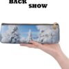 Snow-covered winter trees Makeup Bag Leather Pencil Case for Work Office Zippered Pen Pouch Aesthetic Pencil Storage Bag Portable Coin Pouch Purse for Travel