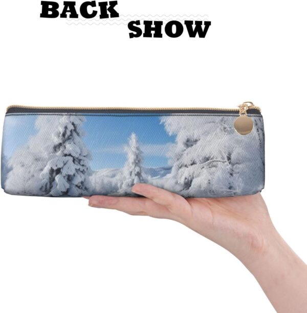 Snow-covered winter trees Makeup Bag Leather Pencil Case for Work Office Zippered Pen Pouch Aesthetic Pencil Storage Bag Portable Coin Pouch Purse for Travel