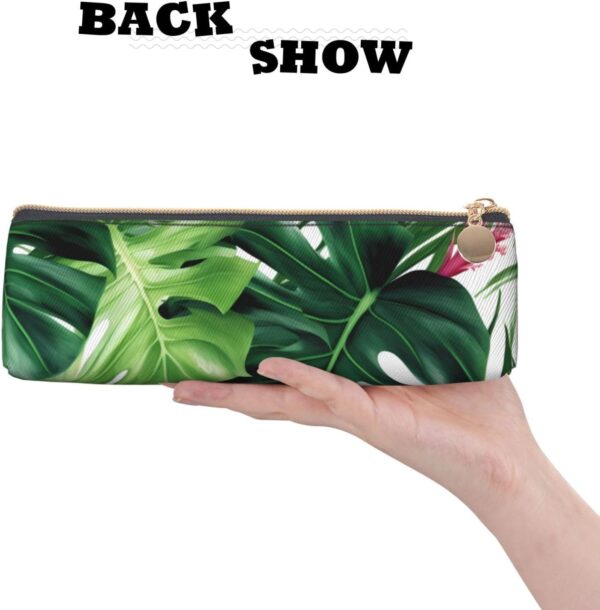 Tropical Leaves Makeup Bag Leather Pencil Case for Work Office Zippered Pen Pouch Aesthetic Pencil Storage Bag Portable Coin Pouch Purse for Travel