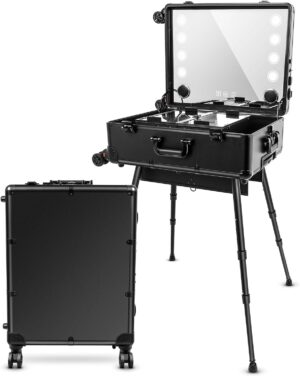 Aluminum Trolley Makeup Train Case with Led Light Rolling Makeup Case with Legs Suitcase Vanity with Lights with Stand Mirror Makeup Vanity Station
