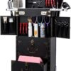 Rolling Lockable Makeup Train Case Hairdressing Trolley Stylist Beauty Salon Cosmetic Luggage Travel Organizer Tool Box with Hair Dryer Holder
