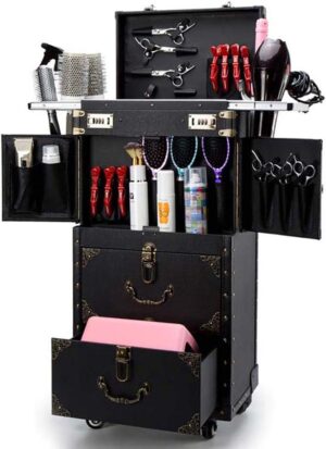 Rolling Lockable Makeup Train Case Hairdressing Trolley Stylist Beauty Salon Cosmetic Luggage Travel Organizer Tool Box with Hair Dryer Holder