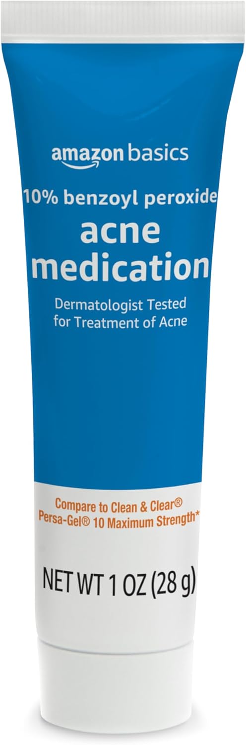 Amazon Basics 10% Benzoyl Peroxide Acne Medication, Maximum Strength, 1 Fluid Ounce Face Gel