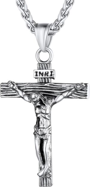 U7 Men Crucifix Cross Pendant with Chain Baptism Christian Jewelry Stainless Steel/18K Gold Antique Jesus Necklace, Gift Packed,Length 22"