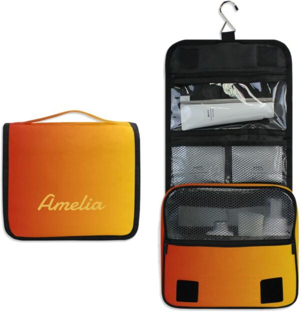 Sinestour Orange Gradient Custom Name Hanging Toiletry Bag Personalized Makeup Cosmetic Bag Travel Toiletry Organizer Large Capacity Cosmetic Case for Toiletries Shaving Brush Storage