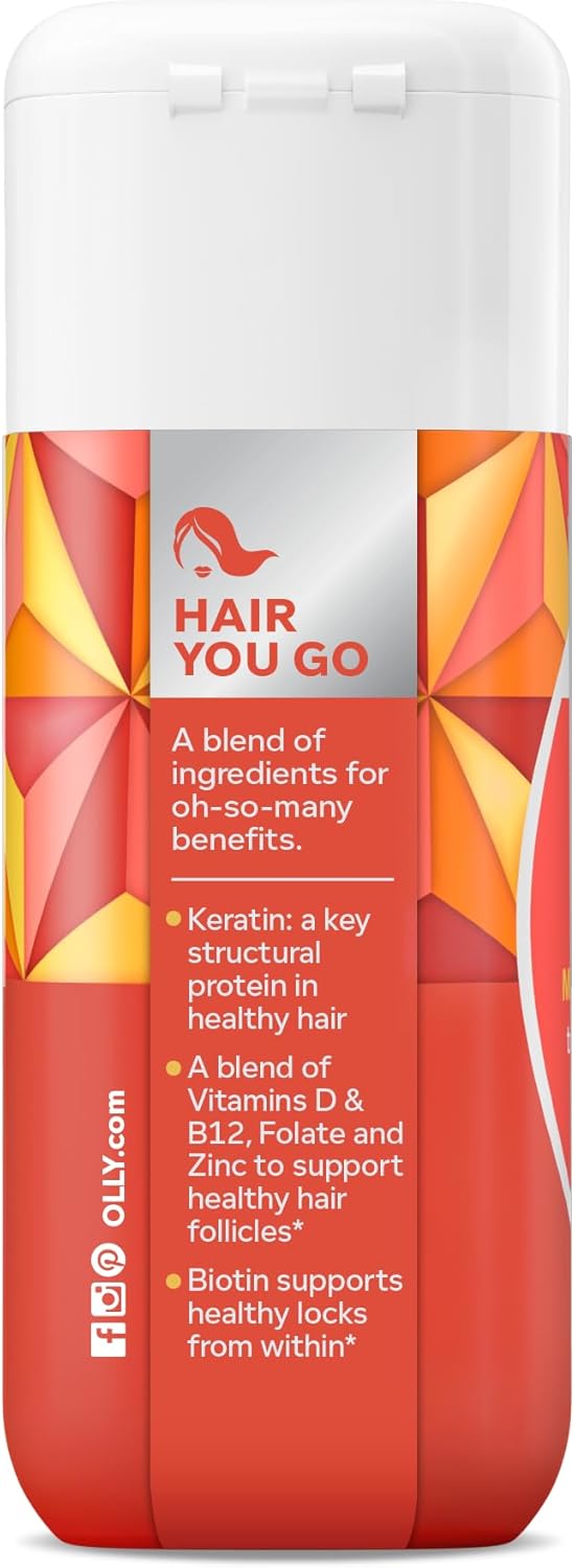 OLLY Ultra Strength Hair Softgels, Supports Hair Health, Biotin, Keratin, Vitamin D, B12, Hair Supplement, 30 Day Supply - 30 Count (Packaging May Vary)