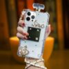 Compatible with iPhone 15 Pro Perfume Bottle Case Luxury Bling Diamond Rhinestone Cute for Women Girls Elegant Glitter Shiny Crystal Crown Love Gem Flower Crossbody Strap Clear