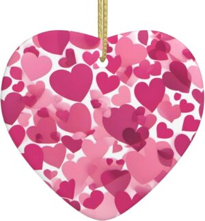 Christmas Ceramic Heart Pendant Decoration for Tree Hanging in Festive Season Pink Hearts Prints