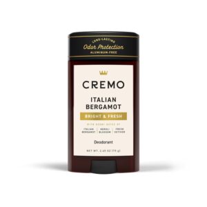 Cremo Italian Bergamot Aluminum Free Deodorant for Men, 48-hour Long Lasting Odor Protection, 2.65oz