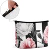Black White Striped Flowers Makeup Bag for Women Portable Travel Toiletry Pouch, PU Leather Cosmetic Bag with Zipper