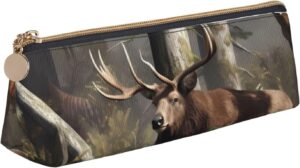 Hunting Deer Bear Elk Makeup Bag Leather Pencil Case for Work Office Zippered Pen Pouch Aesthetic Pencil Storage Bag Portable Coin Pouch Purse for Travel