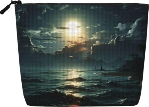 Linen Makeup Bag For Women, Waterproof Travel Cosmetic Organizer Lightweight Zipper Travel Toiletry Bag Organizer Sea Moon Makeup Brushes Storage Bag