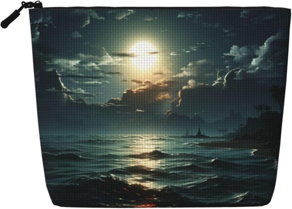 Linen Makeup Bag For Women, Waterproof Travel Cosmetic Organizer Lightweight Zipper Travel Toiletry Bag Organizer Sea Moon Makeup Brushes Storage Bag