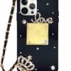 Compatible with iPhone 16 Pro Max Perfume Bottle Case Luxury Bling Diamond Rhinestone Cute for Women Girls Elegant Glitter Shiny Crystal Crown Love Gem Flower with Crossbody Strap Case Black