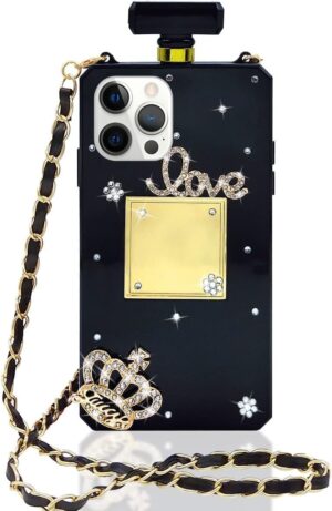 Compatible with iPhone 16 Pro Max Perfume Bottle Case Luxury Bling Diamond Rhinestone Cute for Women Girls Elegant Glitter Shiny Crystal Crown Love Gem Flower with Crossbody Strap Case Black