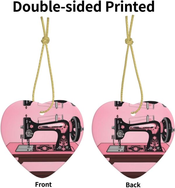 Christmas Ceramic Heart Pendant Decoration for Tree Hanging in Festive Season Vintage Pink Sewing Machine Prints