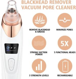 Advanced Electric Blackhead Remover Vacuum, Customizable Suction Levels, Interchangeable Heads, Ergonomic Design, Portable & USB-Chargeable, Electric Acne Extractor Tool, White