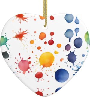 Christmas Ceramic Heart Pendant Decoration for Tree Hanging in Festive Season Stains of Watercolor Paint Splatters Prints