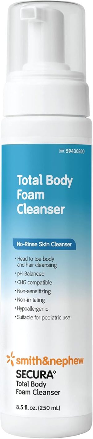 Smith+Nephew SECURA◊ Total Body Foam Cleanser, Foaming Waterless Body Cleanser, No- Rinse Skin Cleanser with Pump Dispenser, 8.5 Ounces