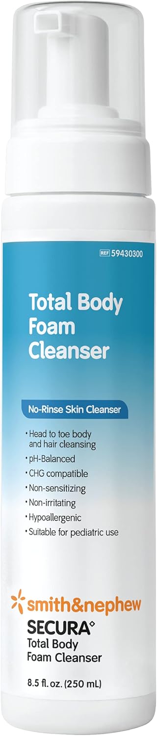 Smith+Nephew SECURA◊ Total Body Foam Cleanser, Foaming Waterless Body Cleanser, No- Rinse Skin Cleanser with Pump Dispenser, 8.5 Ounces