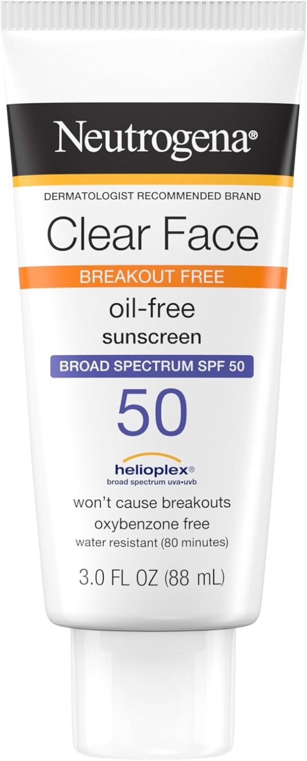 Neutrogena Clear Face Sunscreen Lotion for Acne-Prone Skin, Broad Spectrum SPF 50 Facial Sunscreen for Oily Skin, Oil-, Fragrance- & Oxybenzone-Free Water Resistant Sunscreen, 3 fl. oz