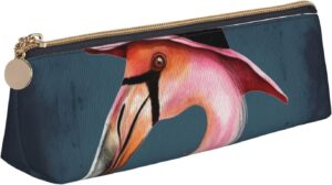Halloween Flamingo Witch Hat Makeup Bag Leather Pencil Case for Work Office Zippered Pen Pouch Aesthetic Pencil Storage Bag Portable Coin Pouch Purse for Travel