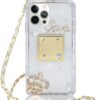 Compatible with iPhone 15 Pro Perfume Bottle Case Luxury Bling Diamond Rhinestone Cute for Women Girls Elegant Glitter Shiny Crystal Crown Love Gem Flower Crossbody Strap Clear