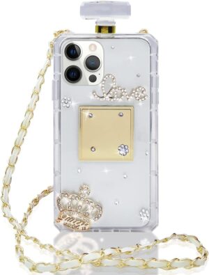 Compatible with iPhone 15 Pro Perfume Bottle Case Luxury Bling Diamond Rhinestone Cute for Women Girls Elegant Glitter Shiny Crystal Crown Love Gem Flower Crossbody Strap Clear