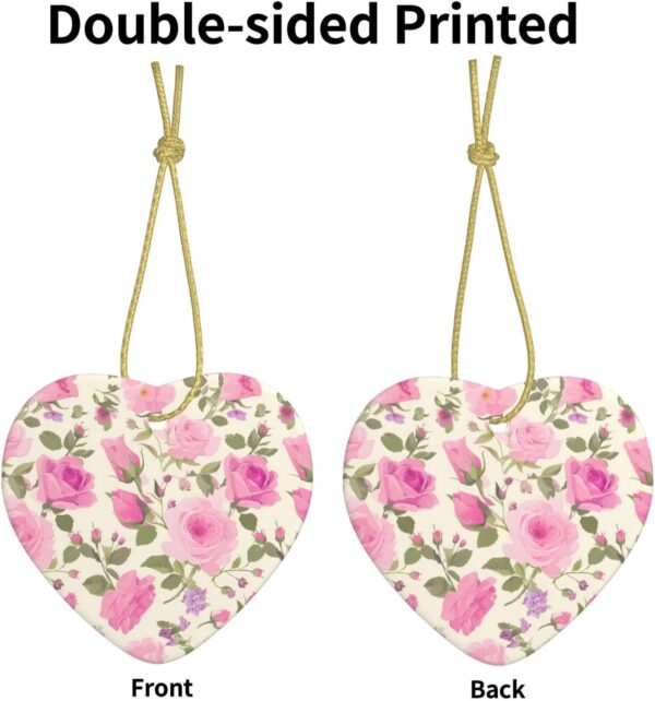 Christmas Ceramic Heart Pendant Decoration for Tree Hanging in Festive Season Pink Roses Prints