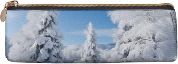 Snow-covered winter trees Makeup Bag Leather Pencil Case for Work Office Zippered Pen Pouch Aesthetic Pencil Storage Bag Portable Coin Pouch Purse for Travel
