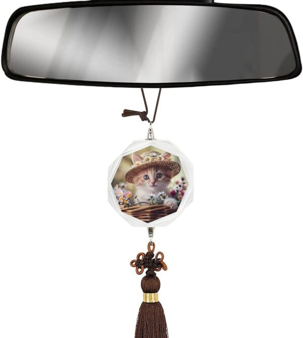 Animal Basket Cat Car Pendant Crystal Car Rearview Mirror Charms Hanging Ornaments Hexagon