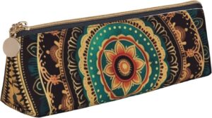 Mandala Makeup Bag Leather Pencil Case for Work Office Zippered Pen Pouch Aesthetic Pencil Storage Bag Portable Coin Pouch Purse for Travel
