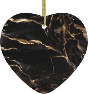 Christmas Ceramic Heart Pendant Decoration for Tree Hanging in Festive Season Black Gold Marble Prints