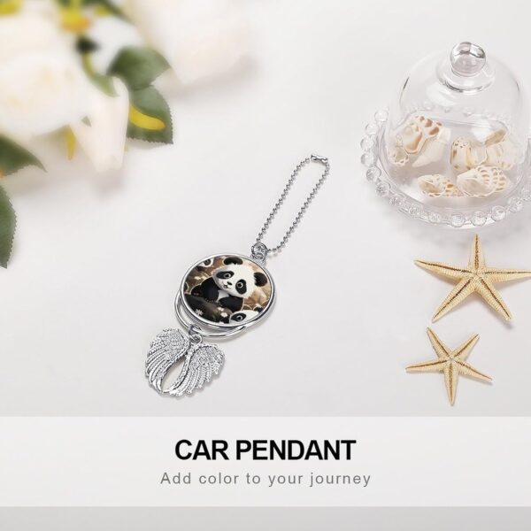 Panda Animal Hanging Car Charm Angel Wings Rear View Mirror Accessories, Handmade Car Hanging Ornament Pendant Interior, Cars Decorations, Personalized Rearview Mirror Accessories-Silver