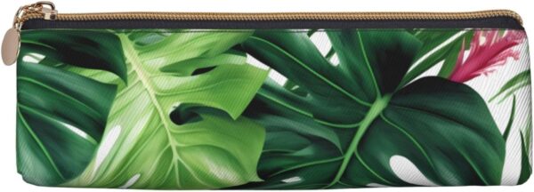 Tropical Leaves Makeup Bag Leather Pencil Case for Work Office Zippered Pen Pouch Aesthetic Pencil Storage Bag Portable Coin Pouch Purse for Travel