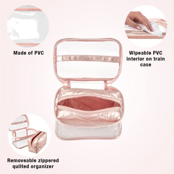 Conair Travel Makeup Bag, Large Toiletry and Cosmetic Bag, Perfect Size for Use At Home or Travel, Two Piece Train Case Set in Rose Pink Metallic Quilt