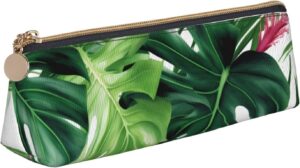 Tropical Leaves Makeup Bag Leather Pencil Case for Work Office Zippered Pen Pouch Aesthetic Pencil Storage Bag Portable Coin Pouch Purse for Travel