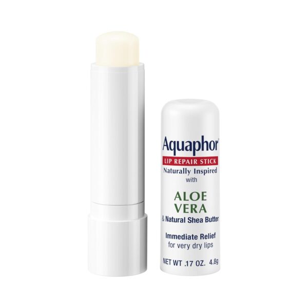 Aquaphor Naturally Inspired Lip Repair Stick with Aloe Vera and Natural Shea Butter, Hydrating Lip Balm Immediately Relieves Dryness, 0.17 Oz Stick