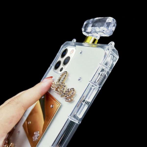 Compatible with iPhone 15 Pro Perfume Bottle Case Luxury Bling Diamond Rhinestone Cute for Women Girls Elegant Glitter Shiny Crystal Crown Love Gem Flower Crossbody Strap Clear