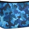 Blue Camo Makeup Bag for Women Portable Travel Toiletry Pouch, PU Leather Cosmetic Bag with Zipper