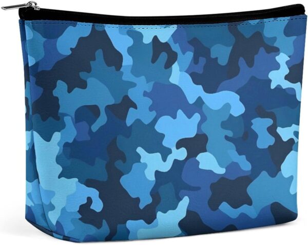Blue Camo Makeup Bag for Women Portable Travel Toiletry Pouch, PU Leather Cosmetic Bag with Zipper