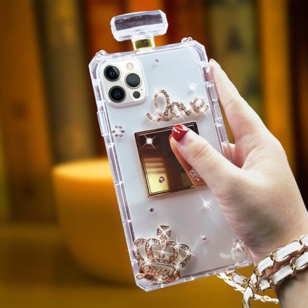 Compatible with iPhone 15 Pro Perfume Bottle Case Luxury Bling Diamond Rhinestone Cute for Women Girls Elegant Glitter Shiny Crystal Crown Love Gem Flower Crossbody Strap Clear