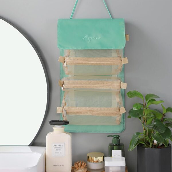 LAKSMI 4-in-1 Hanging Cosmetic Organizer - Portable Detachable Folding Mesh Travel Bag Set with Multiple Compartments, Ideal for Makeup and Toiletries,Green